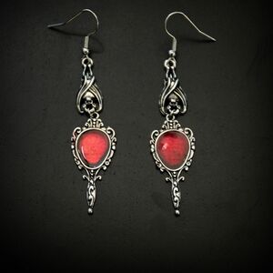 NWT Gothic Silver Bat Red Enamel Hand Mirror Drop Earrings